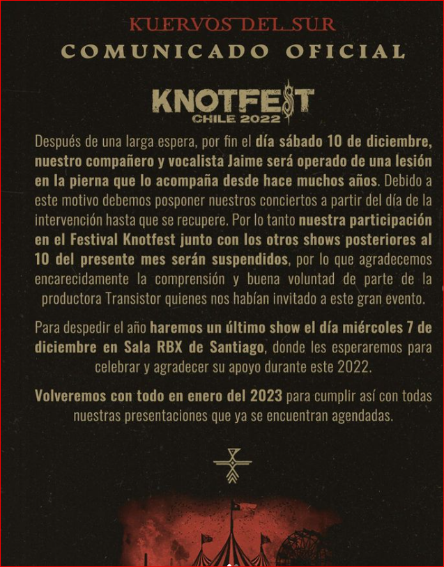 Kuervos del Sur cancela su participación en Knotfest Chile